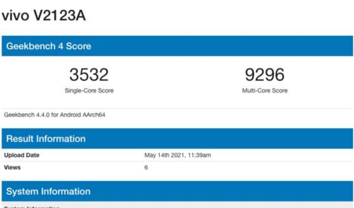 vivo V2123A新机现身GeekBench跑分平台，其搭载MT6877芯片